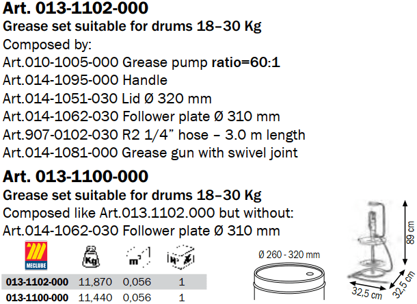 Bộ bơm mỡ khí nén Meclube 013-1100-000, Meclube Pneumatic grease pump sets 013-1100-000