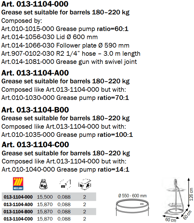 Bộ bơm mỡ khí nén Meclube 013-1104-000, Meclube Pneumatic grease pump sets 013-1104-000